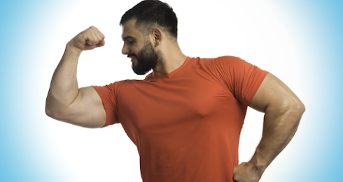 A close up of a man's face., A man flexing his muscles.