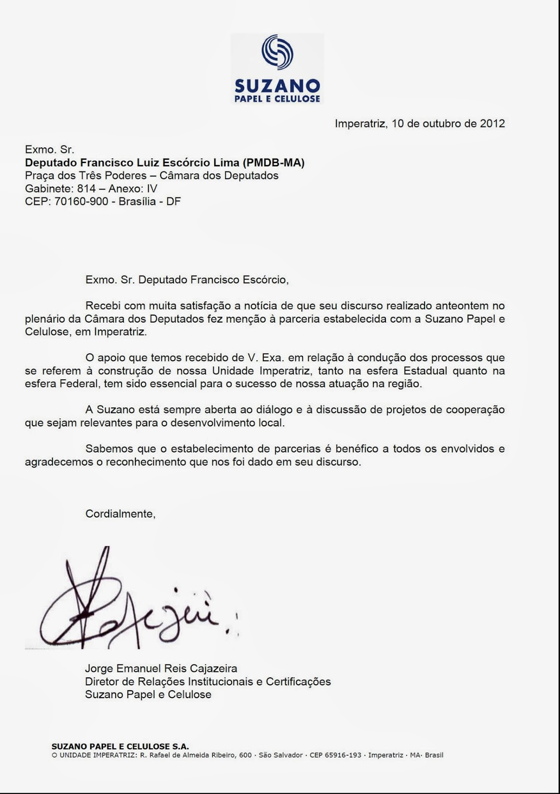Chiquinho Escórcio: Suzano envia carta de agradecimento ao 