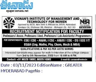 Medchal Vignan’s Institute of Management and Technology for Woman Faculty Jobs