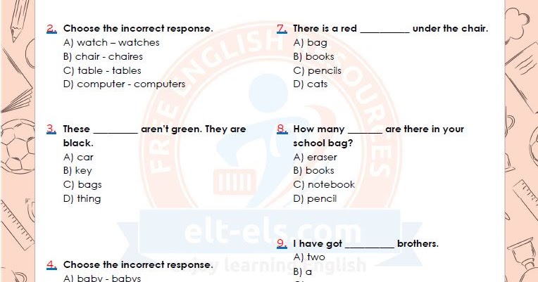 Singular And Plural Nouns Multiple Choice Test Www Elt Els Com