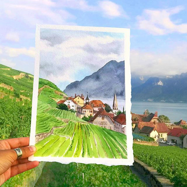 Artista completa paisagens com belas pinturas em aquarela