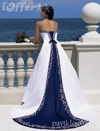 White wedding dresses with navy blue accents