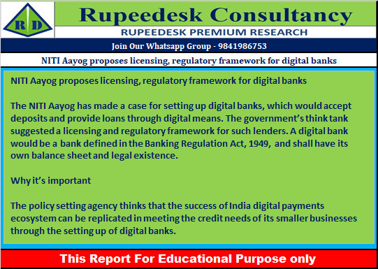 NITI Aayog proposes licensing, regulatory framework for digital banks - Rupeedesk Reports - 21.07.2022