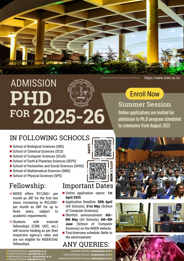 NISER Bhubaneswar PhD Program 2025-26 in Biological Sciences