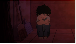 Child age Shigaraki sitting by a shed, his knees pulled up to his chest as he scratches his face.