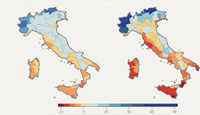 Map of Italy with average annual temperature. The warmest regions, such as Sicily and Sardinia, are dark red, while the coldest, such as the Alps, are dark blue.