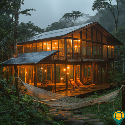 Eco-lodge in Costa Rica at twilight with solar panels and hammock, showcasing sustainable travel and digital detox vacations for 2025.