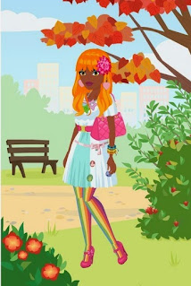 Fashion Avenue avatar wearing kawaii attire and orange hair against a park background.