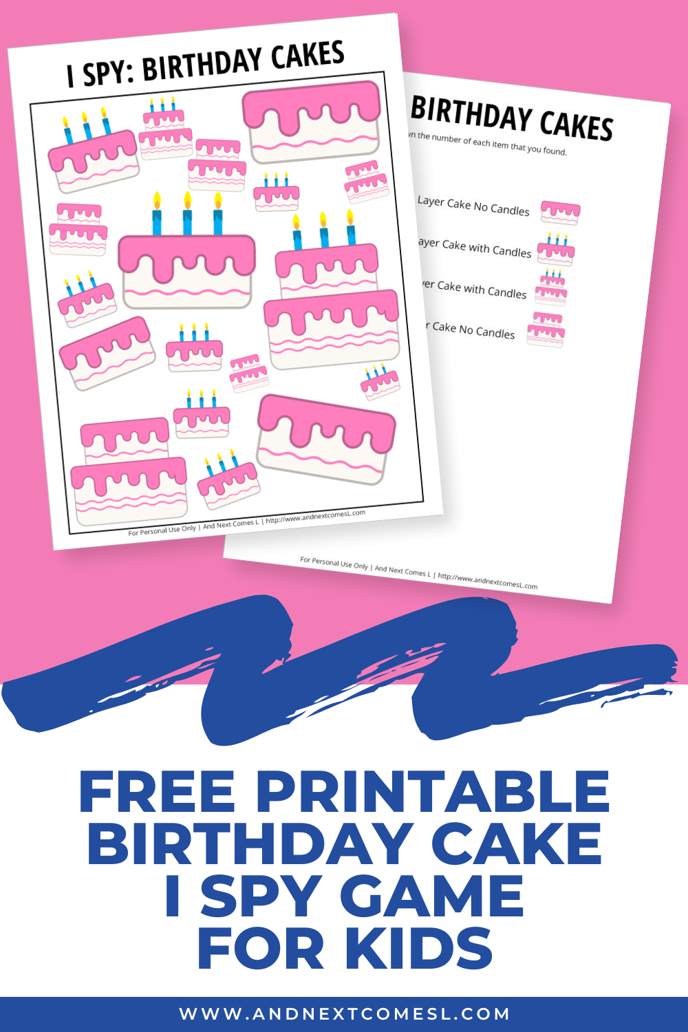 Free printable birthday themed I spy game for kids featuring birthday cakes