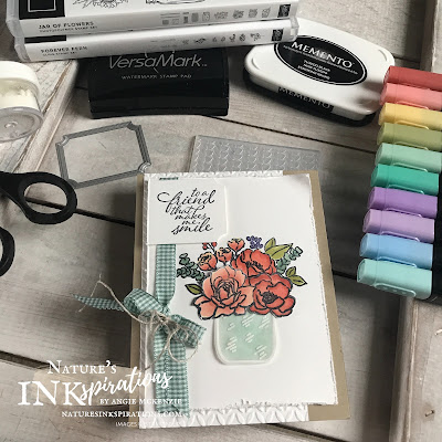 By Angie McKenzie for Ink and Inspiration Blog Hop; Click READ or VISIT to go to my blog for details! Featuring the Jar of Flowers Stamp Set, the Forever Fern Stamp Set, the Tasteful Labels Dies, the Greenery Embossing Folders and the Flowers for Every Season Ribbon Combo Pack which are SNEAK PEEKS from the upcoming 2020-21 Annual Catalog; #jarofflowersstampset #foreverfernstampset #greeneryembossingfolders #tastefullabelsdies #justjadeginghamribbon #flowersforeveryseasonribboncombopack #coloringwithblends #fussycutting  #sneakpeek20202021annualcatalog #20202021annualcatalog #bloghops #inkandinspirationbloghop #stampinup #cardtechniques #naturesinkspirations #stampinupcolorcoordination