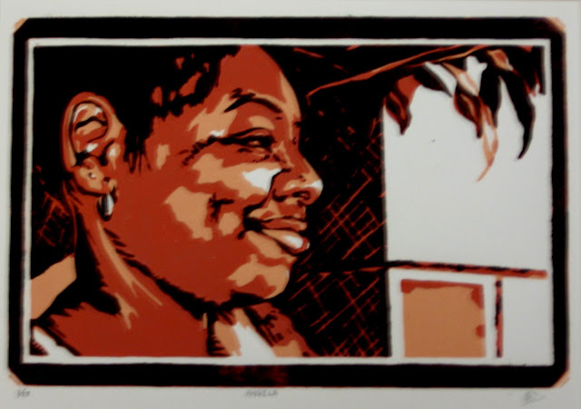 Angela - Linocut Reduction Print by Rachel Dolezal