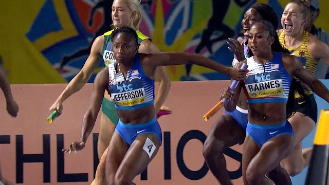 Jefferson leads USA to women's 4x100m relay win NBC Sports Mon, May 6, 2024  Tamari Davis, Gabby Thomas, Celera Barnes and Melissa Jefferson win gold at the World Athletics Relays women's 4x100m with a championship record of 41.85 seconds.