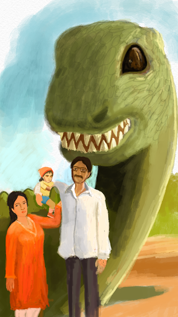 Prehistoric Photo Op: Small Family Captures Moment with Dinosaur Toy in the Park