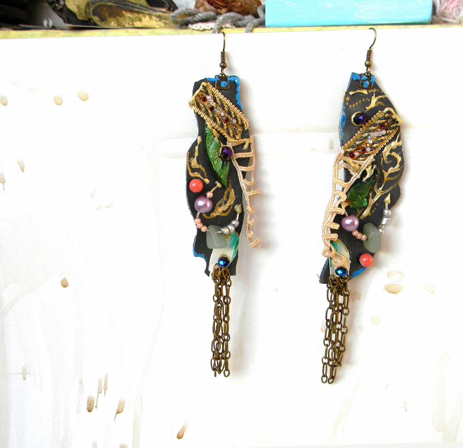 Gypsy Collage Leather Earrings with Organic and Beads Applique