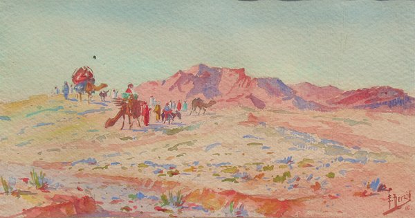 La caravane dans le désert. 1916 - Edouard Herzig (Suisse - 1860-1926) - Aquarelle sur papier - 15 x 29 cm