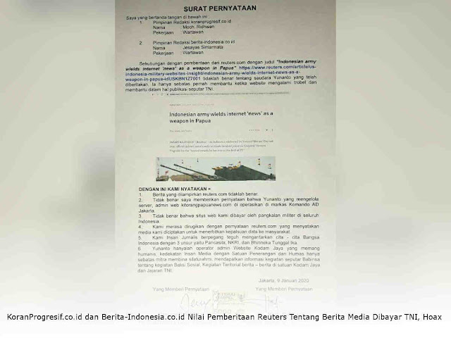 KoranProgresif.co.id dan Berita-Indonesia.co.id Nilai Pemberitaan Reuters Tentang Berita Media Dibayar TNI, Hoax