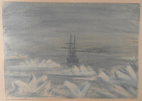 Watercolor of ship in ice and fog