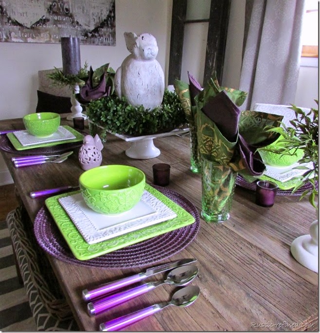 Spring Tablescape with purple, green and white colors.