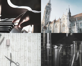 Aesthetic. 4 fotos. Las 2 de arriba son una mano tocando el piano y la catedral. Abajo hay una bobina de hilo con unas tijeras y matraces y frascos de laboratorio.