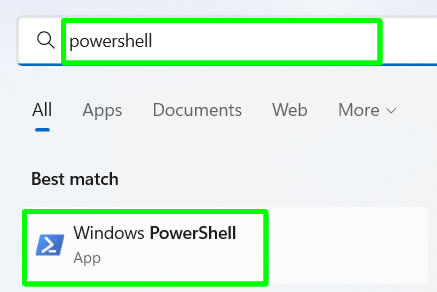 search for powershell on windows start