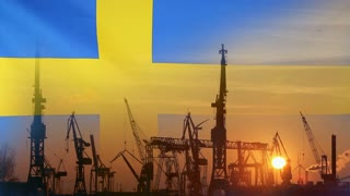 composed image of Swedish flag and industrial crane profiles