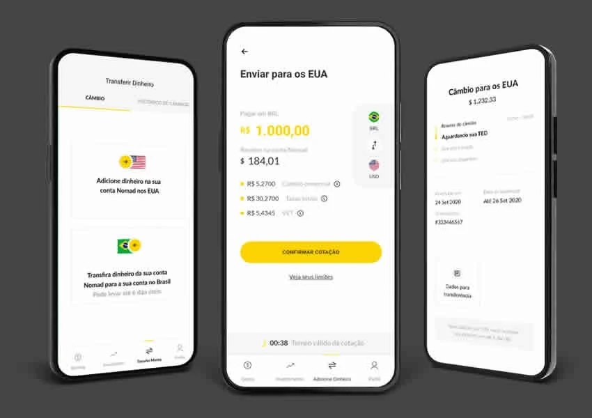 Imagem de fundo escuro mostra um Smartphone com a Interface aberta em 3 telas do app do banco nomad.