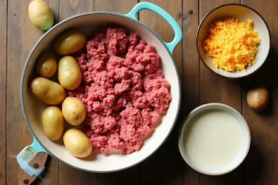 Ingredients for One-Pan Ground Meat and Potato Skillet, including ground meat, potatoes, cream soup, and cheese, arranged on a wooden table.