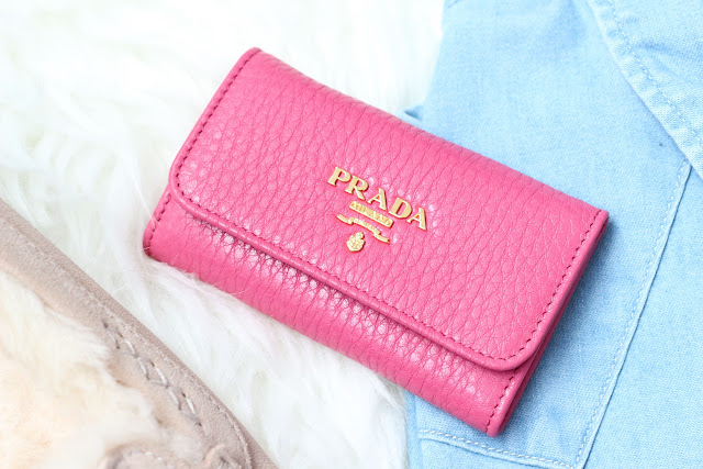 Prada key holder in Peony Pink