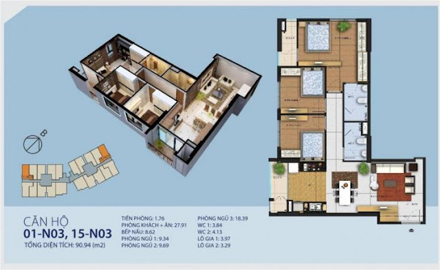 Diện tích : 90,94m2 ( 3 phòng ngủ, 2 vệ sinh )- căn hộ NO3-01-15