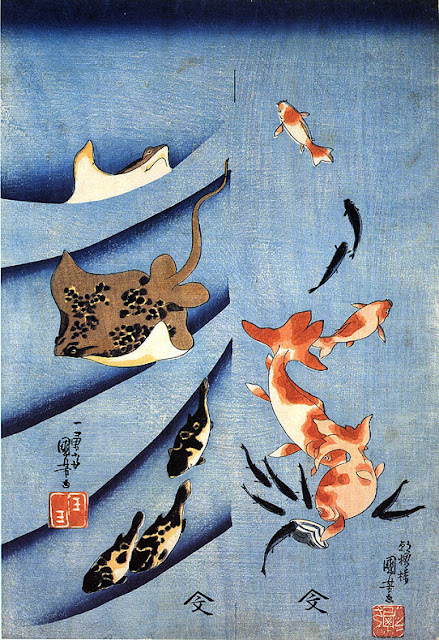 Ukiyo-e. Träsnitt. Utagawa Kuniyoshi. Kacho-e. Fiskar. Fish.