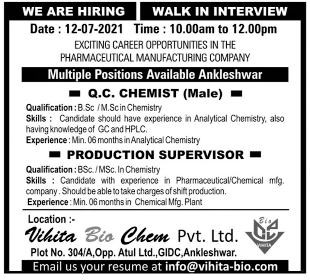 Job Availables, Vihita Bio Chem Walk In Interview For Quality Control/ Production Department