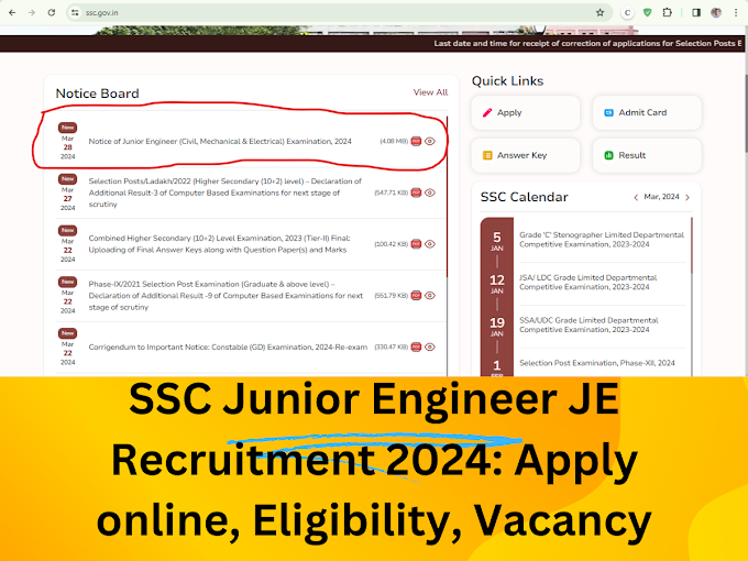 SSC Junior Engineer JE Recruitment 2024: Apply online, Eligibility, Vacancy
