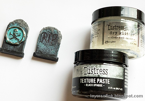 Layers of ink - Spooky Graveyard Tutorial by Anna-Karin Evaldsson. Add texture paste and sprinkle with Distress Glitter.