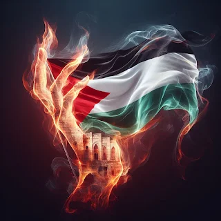 Gambar Bendera Palestina Keren Dengan Efek Api Bercahaya Berbentuk Tangan Manusia Yang Mendukung Latar Belakang Bangunan Disertai Asap