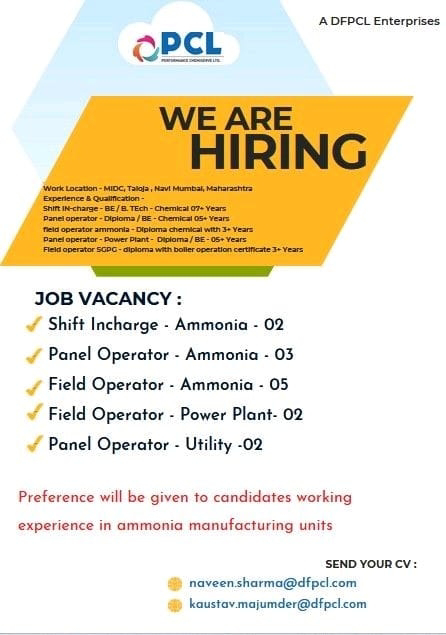 Job Availables, PCL Job Vacancy For BE/ BE Chemical/ B Tech Chemical/ Diploma Chemical