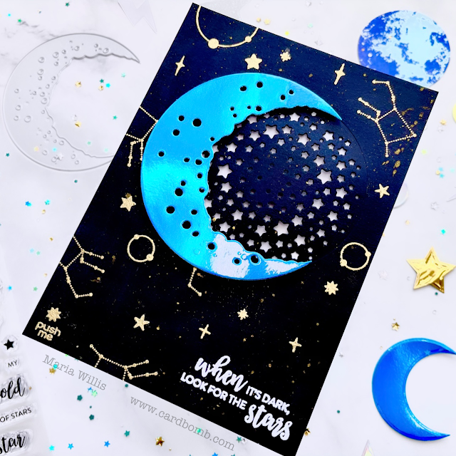 video tutorial,cards,ink,cardmaking,stamping,Tonic Studios USA,Cardbomb,maria willis,paper,Tonic Studios,Shoot for the Stars,stamps,Shoot for the Moon,Tonic Studios Stamp Club,