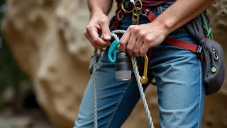 Close-up of a climber using a belay device with a locking carabiner during a rock climbing session