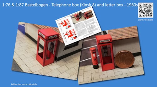 Cardboard model Telephone box and letter box 1:76 and 1:87, dedicated to Hajo Zarbock, Bonn.
