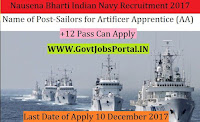 Nausena Bharti Indian Navy Recruitment 2017– Sailors for Artificer Apprentice (AA)