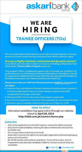 Askari Bank Trainee Officer Program 2019 | Rs. 30,000 Salary Package