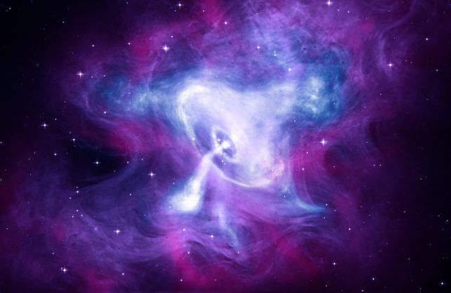 A composite image of the Crab Nebula, and the pulsar therein