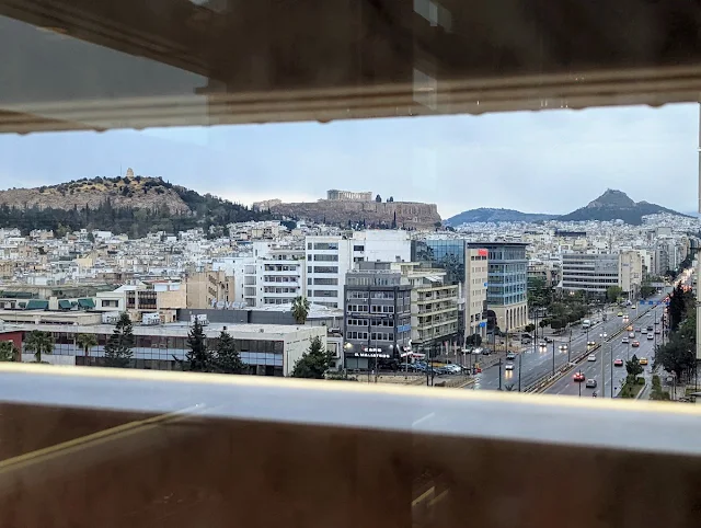Acropolis views from our table at Hytra Restaurant in Athens