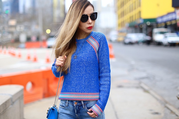 ASOS Sweater with Peruvian Inspired Trim, prada sunglasses, chanel necklace, valentino lock bag, blank denim ripped jeans, christian louboutin so kate pumps, monochromatic blue outfit, nyc street style