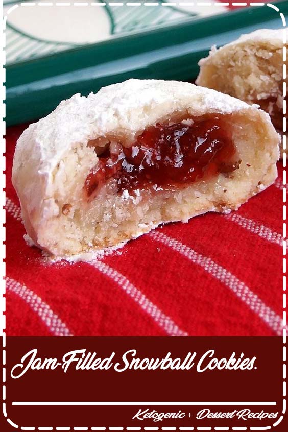 Jam-Filled Snowball Cookies. These are sweet and flaky with a delicious surprise in the middle! Strawberry Jam was my favorite, but any filling will work.