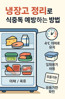 냉장고 안 식재료가 층별로 정리되고, 온도계와 밀폐용기 등이 함께 보이는 식중독 예방 인포그래픽