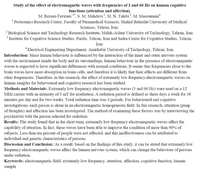 Summary of study on the effect of electromagnetic waves on human cognitive behaviour