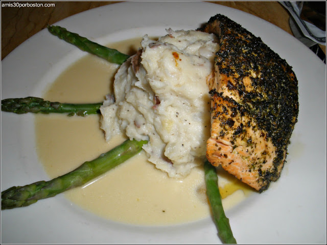 Herb Crusted Filet of Salmon: Fresh Salmon with a Delicious Lemon Sauce, Asparagus and Mashed Potatoes