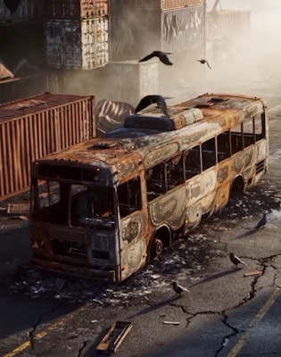 Burned‑out city bus amidst cracked