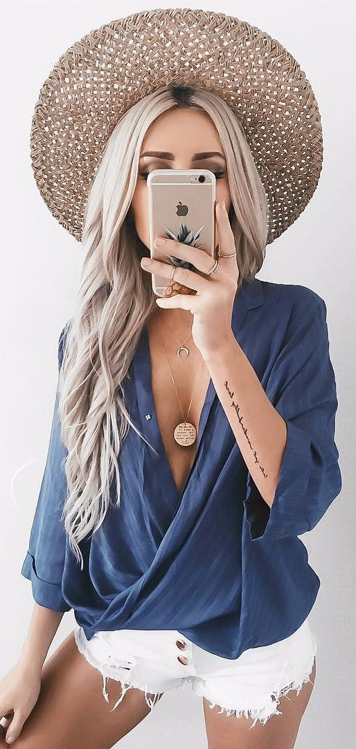 what to wear with fedora / wrapped blouse + denim 