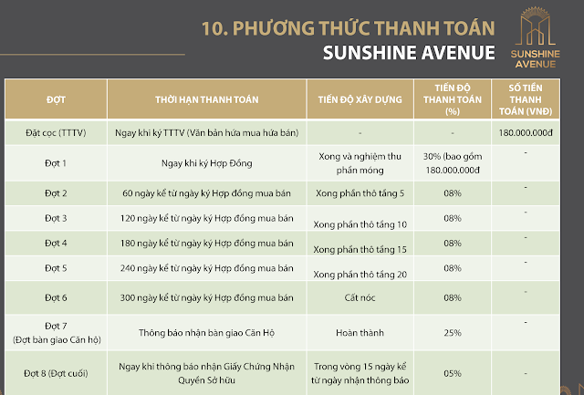 Phương thức thanh toán Căn hộ Sunshine Avenue quận 8